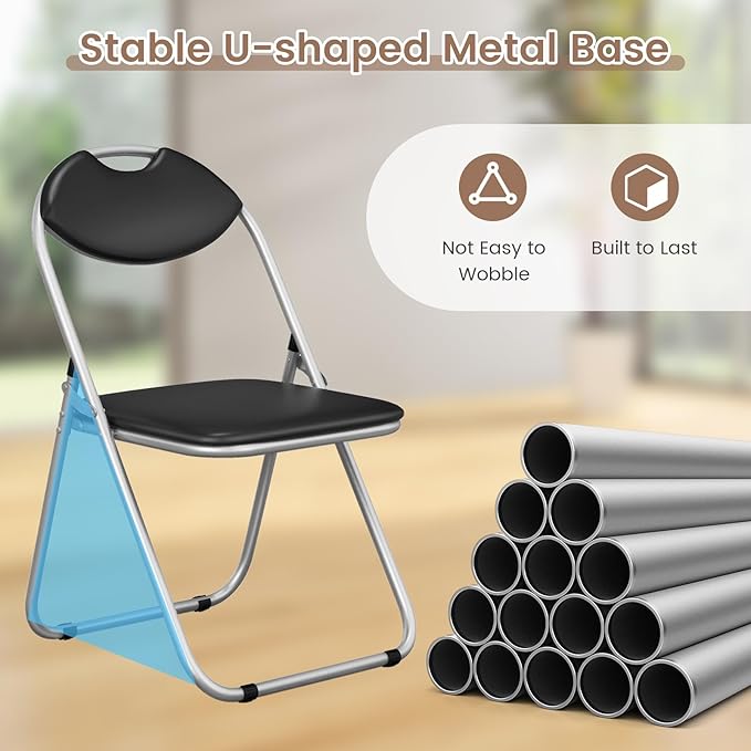 S AFSTAR Folding Chairs Set of 4, Metal Folding Chairs with Carrying Handles, Padded Seats, Non-Slip Foot Pads, Indoor & Outdoor Foldable Padded Chairs for Home Office Reception Room Church, Black