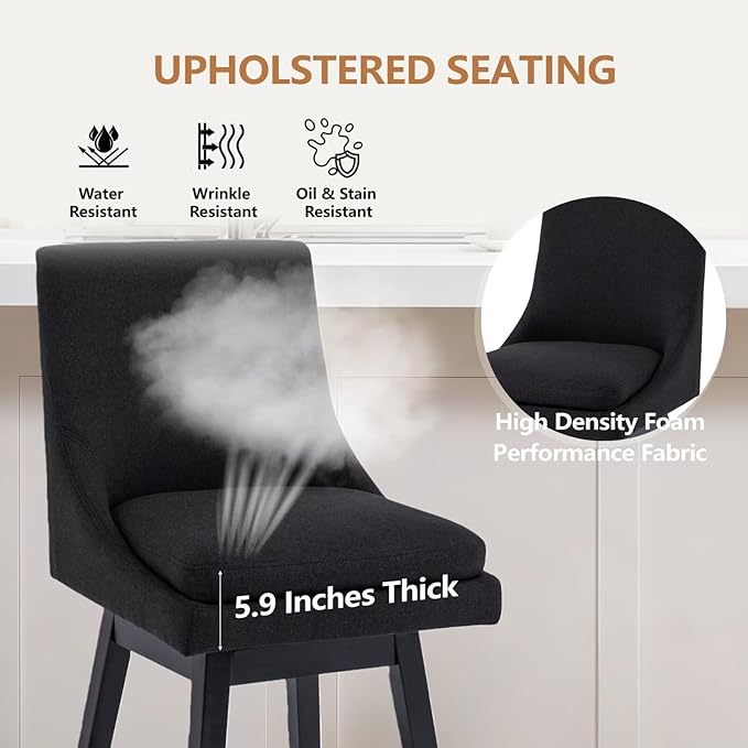 Bar Stool, 26 Inch Upholstered Barstools with 14.2" High Back and Footrest, Swivel Counter Height Barstools for Kitchen Island Home Bar Performance Fabric Black