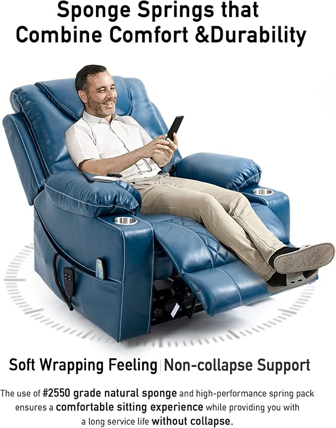 Oversized Lazy Boy Recliner Chair, 2 Motor Leather Recliner, Nursing Lift Chair with Massage and Lumbar Heating, Functional Adult Power Recliner with Cup Holders