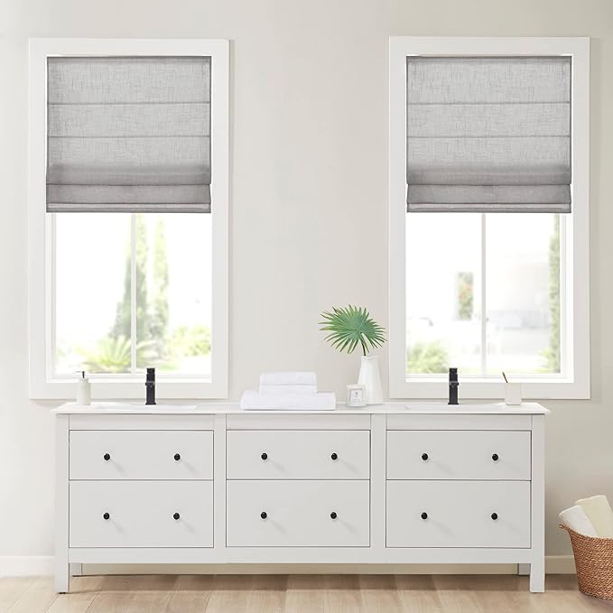 Madison Park Kyler Cordless Roman Shades - Single Panel, Lightweight Linen Blend Fabric, Natural Design, Easy Installation, Light Filtering Window Blind, Bedroom, Living Room Decor 34" W x 64" H Grey