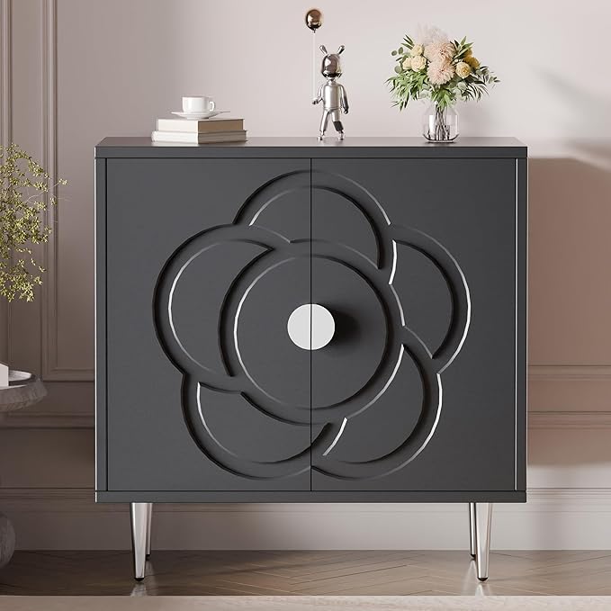 TOLEAD Storage Cabinet, Modern Sideboard Buffet Cabinet with Decorative Flower Pattern Doors, Accent Sideboard Cabinet for Living Room, Kitchen, Grey