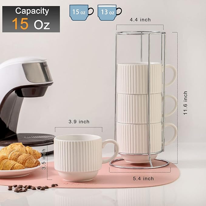 HASENSE Ceramic Coffee Mugs Set of 4 with Rack - 15 oz Stackable Large Porcelain Ribbed Latte Cup Set for Cappuccino, Tea, Hot Cocoa, Drinks - Dishwasher & Microwave Safe, White