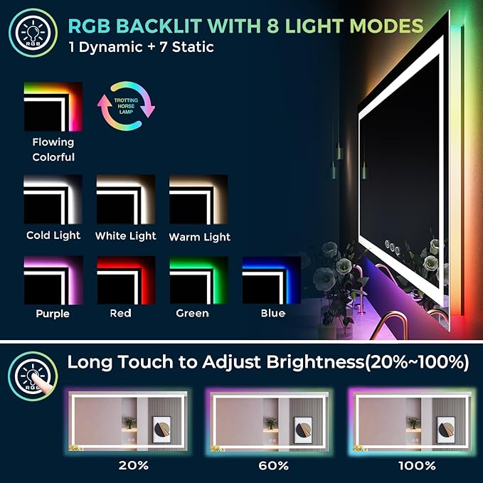 55x30 Inch RGB LED Bathroom Mirror Front Light and RGB Backlit Lighted Vanity Mirror for Bathroom Wall Mounted Dimmable Anti Fog Memory Shatter-Proof IP54 Waterproof Horizontal/Vertical