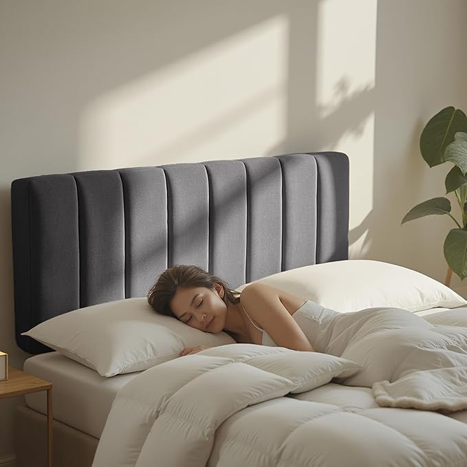 Hearth & Harbor Upholstered Queen Headboard - Easy Assemble Channel Stitched Headboard Queen Size - Wall Mounted Headboards with 3D Soundproof Wall Panels Peel & Stick Floating Headboards, Grey
