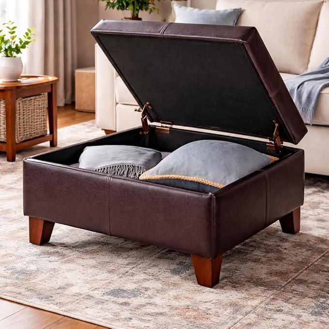 HomePop Faux Leather Square Storage Ottoman with Wood Legs, Distressed Brown