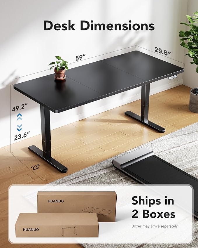 HUANUO 60x30 Inch 3-Stage Legs Electric Standing Desk, Large Height Adjustable Office Desk with Brushless Motor, Stand Up Desk with 4 Memory Presets & 2 Hooks, Computer Desk for Home Office, Black