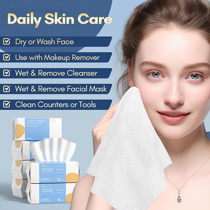 PoeticEHome Soft Dry Wipe 6 Pack, 100% Cotton Face Tissues, Lint Free Facial Cleansing Towels Disposable, Extra Thick Dry and Wet Use for Sensitive Skin, Makeup Removing, Surface Cleaning (600 Count)