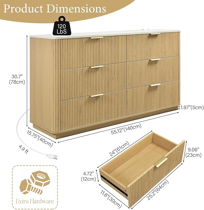 Fluted 6 Drawers Dresser with Charging Station, 55" Wide Modern Chest of Drawers with Faux Marble Top, Wooden Dresser TV Stand, Wood Drawer Organizer for Bedroom, Living Room, Hallway, Natural Oak