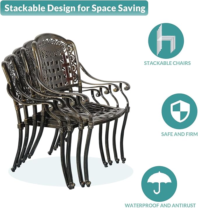 MEETWARM 9-Piece Patio Dining Set, All Weather Cast Aluminum Outdoor Dining Table Set with 1 Oval Table, 8 Chairs, 8 Cushions, 2" Umbrella Hole, Dark Bronze
