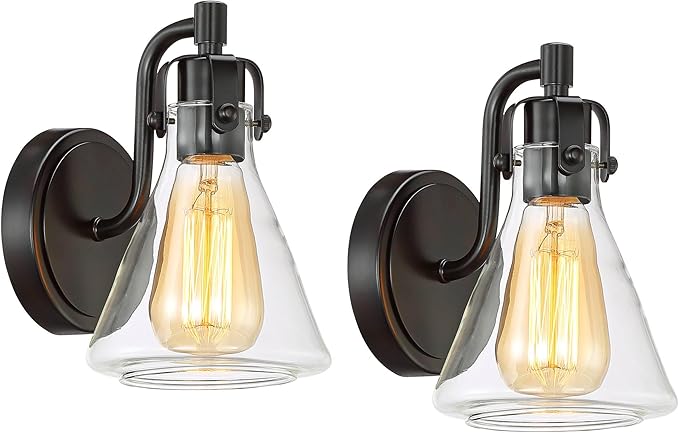 Possini Euro Design Cindy Rustic Wall Light Sconces Set of 2 Bronze Hardwire 5 1/2" Fixture Beaker Clear Glass Shade for Bedroom Bathroom Bedside Vanity Living Room Home Hallway Dining Kitchen
