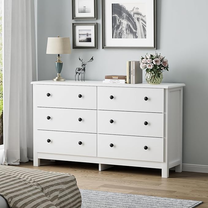 White Dresser, Modern 6 Drawer Double Dresser for Bedroom with Black Knobs, Adults & Kids Wide Dressers & Chests of Drawers for Hallway, Entryway