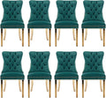 Velvet Upholstered Dining Chairs Set of 8, Modern Style Kitchen Side Chairs with Nailhead Trim and Gold Plated Leg, Metal Pulling Ring for Dining Room Living Room(Green)