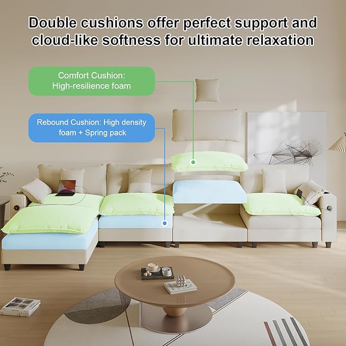 Cloud Couch, Modular Sectional Sofa with Ottoman, Charging Station, Throw Pillows, Cup Holders, Modern Convertible L Shaped Couches for Living Room, Bedroom (White, 152"- L Shape)