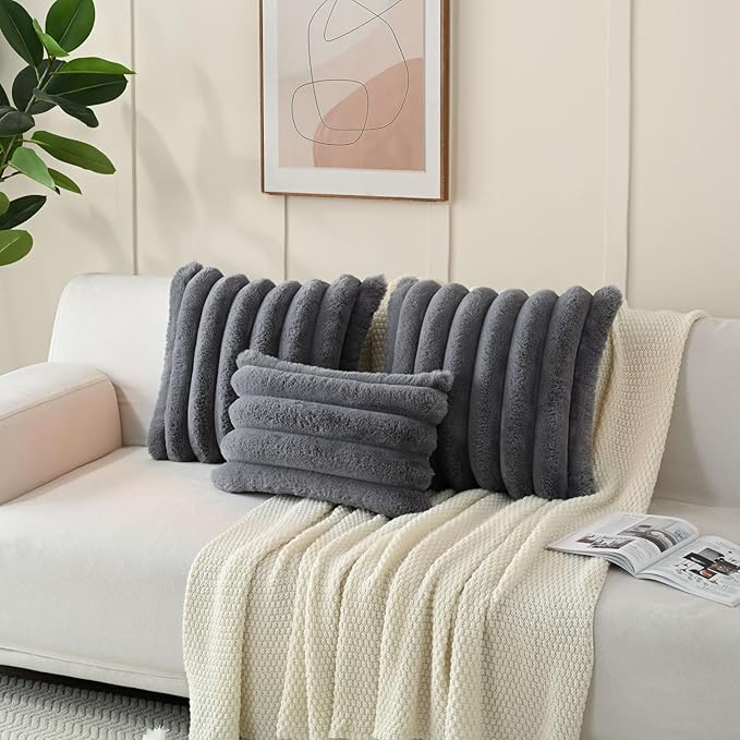 FUTEI Grey Decorative Throw Pillow Covers 20x20 Inch Set of 2, Square Soft Faux Rabbit Fur Thick Striped Cushion Cover,Winter Home Decor for Couch Bed Living Room