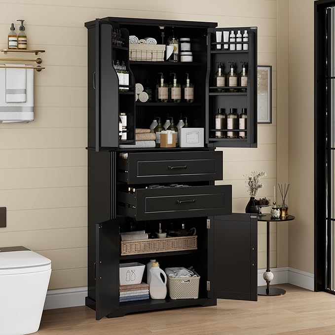 Tall Storage Cabinet, Bathroom Floor Freestanding Storage Cabinet with 2 Doors, Adjustable Shelf, and 2 Drawers for Bathroom, Office, Living Room, MDF Board, Black