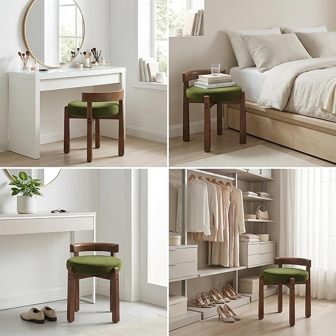 HNY Vintage Green Velvet Makeup Ottoman Set of 2 Compact Round Vanity Chairs with Wooden Legs, Perfect for Small Spaces Like Entryway, Cloakroom & Boudoir