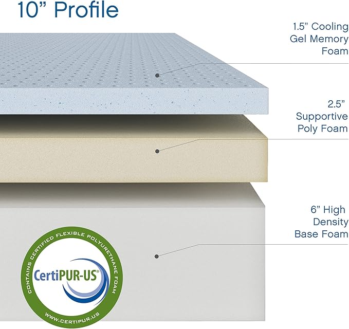 Cool Gel 10 Inch California King Memory Foam Mattress Medium Firm, King Size Memory Foam Mattress Cooling, Made in the USA, 10" Depth with Pressure Relief, CertiPUR-US Certified, CoolGel Bed