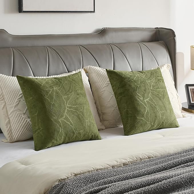 FUTEI Moss Green Velvet Throw Pillow Covers 16x16 Inch Set of 2,Soft Embossed Leaf-Relief Textured Cushion Cases,Natural Home Decor for Couch Living Room