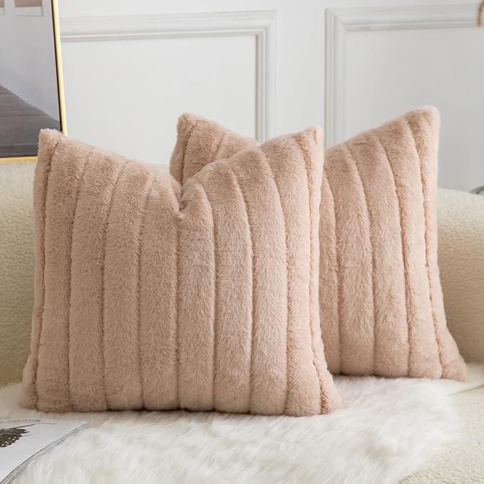 Pack of 2 Faux Fur Throw Pillow Covers 16x16 Inch Striped Decorative Soft Plush Couch Pillow Case Home Decor for Bed, Sofa, Living Room Beige