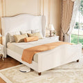 koorlian Queen Size Bed Frame Chenille Upholstered Platform Bed with 51" Tall Headboard and High Deep Tufted Footboard, Modern Retro Minimalist Style Wingback Sleigh Bed, Easy Assembly, Cream