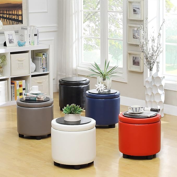 Convenience Concepts Designs4Comfort Round Accent Storage Ottoman in Black Faux Leather Fabric