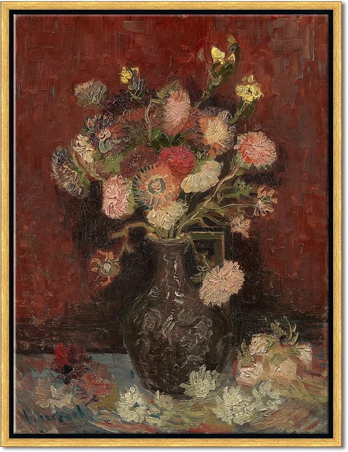 Wieco Art Framed Art Vase with Chinese Asters and Gladioli by Van Gogh Famous Oil Paintings Reproduction Abstract Canvas Prints for Home Decorations Bronze Gold Frame