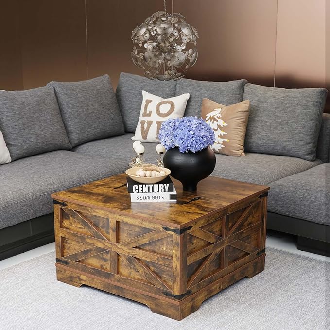 Lift Top Coffee Table, 31.5" Square Coffee Table with Storage, Farmhouse Coffee Tables for Living Room, Cocktail Tables with Large Hidden Compartment, Rustic Brown