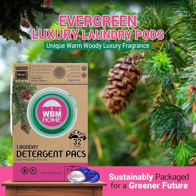 WBM Laundry Detergent Pods - Ultra-Concentrated, Hypoallergenic, Stain-Fighting, Evergreen Scent, 32-Pack, Recyclable Packaging for Eco-Friendly Cleaning