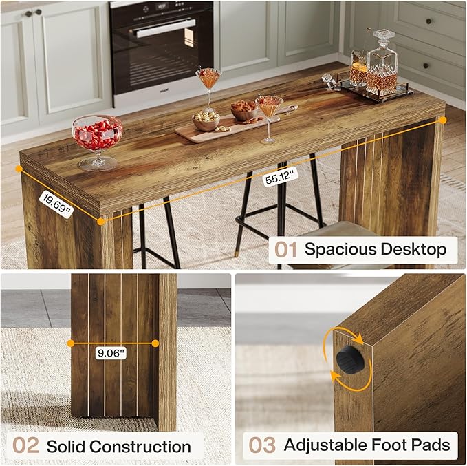 Tribesigns Home Bar Unit, 55.12-Inch Bar Table with a Spacious Tabletop, Modern Freestanding Mini Bar for Home Kitchen, Living Room, Balcony, Basement, Brown