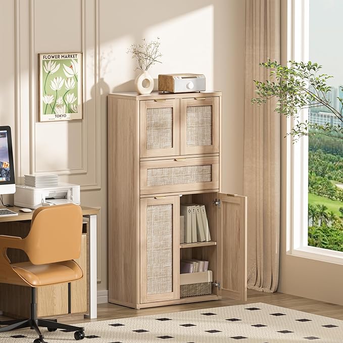 LEYAOYAO 48" Tall Storage Cabinet Set of 2,Rattan Bathroom Floor Cabinets with 4 Doors & 1Drawer,Boho Kitchen Pantry with Adjustable Shelves,Wooden Cupboard for Living Room,Home Office,Natural Wood
