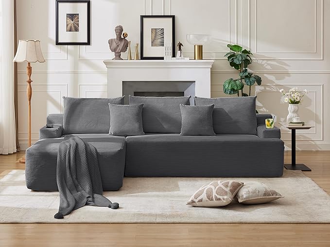 106" Cloud Sectional Couch, Modular Sectional Sofa with L-Shape Chaise, Corduroy Boneless Couch with Deep Seat, Upholstered Sofa for Living Room, No Assembly Required(Left-Facing Chaise, Dark Grey)