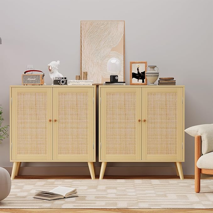 EOYUTLLY Sideboard Buffet Cabinet, Kitchen Buffet Storage Cabinet with Rattan Doors, Accent Cabinet with Adjustable Shelves for Hallway,Kitchen,Living Room, 31.5 x 15.7 x 35 Natural, Assemble Easily