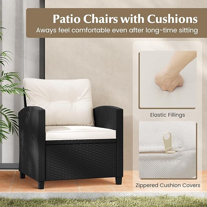 Tangkula 3 Piece Patio Furniture Set, Rattan Conversation Set w/Soft Seat & Back Cushions, Tempered Glass Topped Coffee Table, Cushioned Wicker Seating Set for Backyard, Porch, Poolside (Off White)