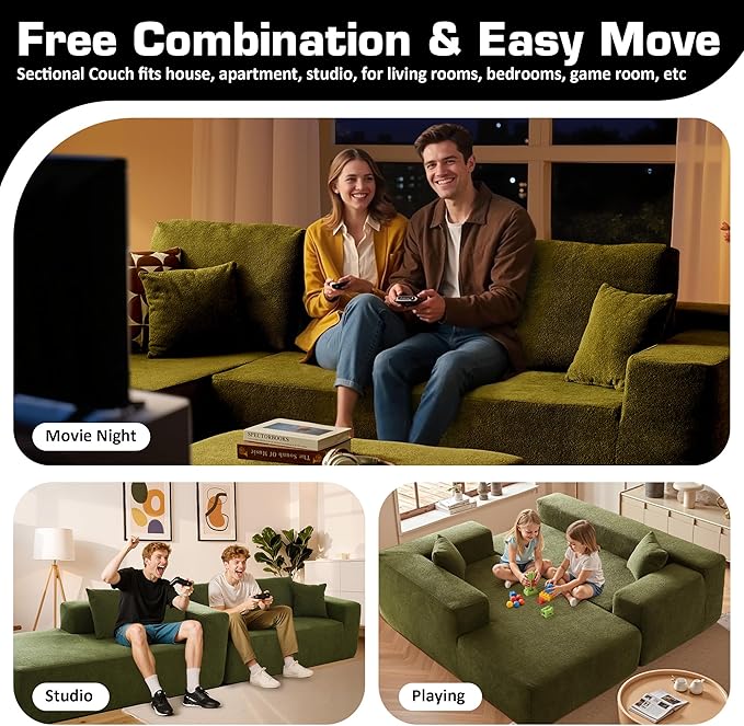 106" Cloud Sectional Couch with L-Shape Chaise & Ottoman, No Assembly Modular Sofa, Deep Seat Corduroy Boneless Couched for Living Room (Green Cloudy Velvet, Left Facing Chaise with Ottoman)