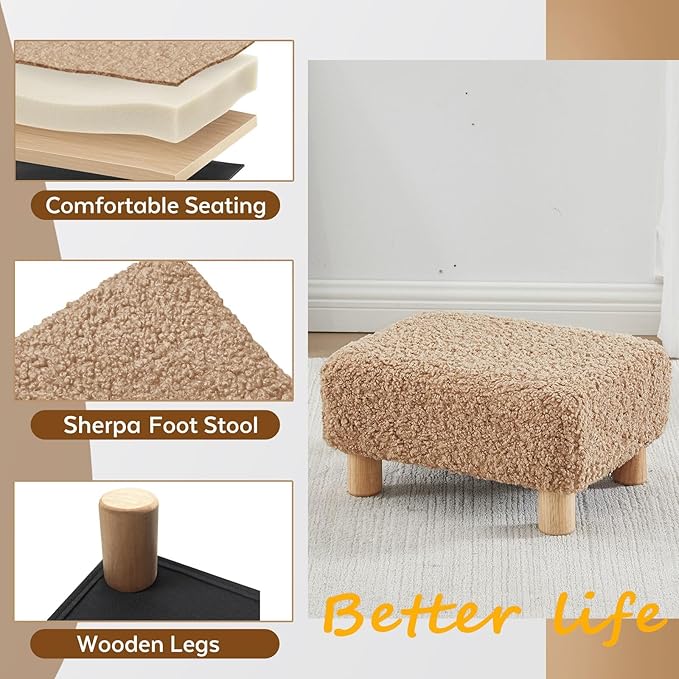 Small Foot Stool Ottoman, Sherpa Footstool Ottoman Foot Rest for Couch, Rectangle Footstools and Ottomans Small for Living Room, Entryway and Bedroom (Light Brown)