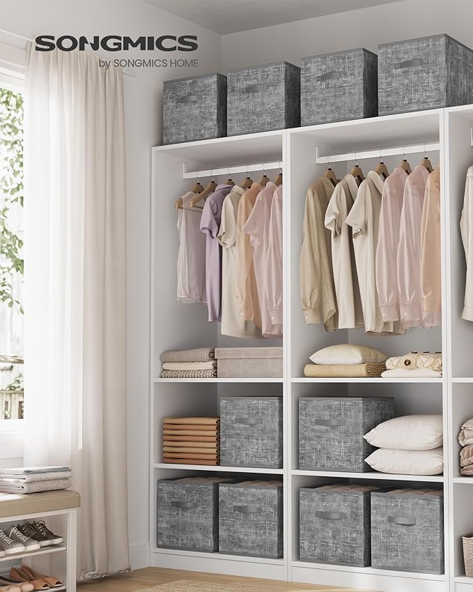 SONGMICS Storage Cubes, 13 x 13 x 13 Inches Non-Woven Fabric Bins with Double Handles, Set of 10, Closet Organizers for Shelves, Foldable, for Clothes, Cattail Gray UROB133G01