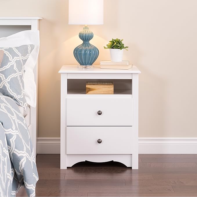 Prepac Sonoma 2 Drawer Nightstand: Elegant Bedroom Furniture, Bedside Table with Open Shelf, 23.25"W x 16"D x 28"H, White