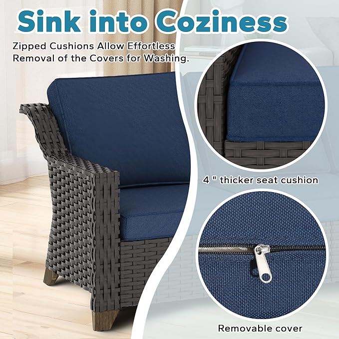5 Pieces Outdoor Conversation Furniture Set - 4 PE Rattan Armchairs, 1 Metal Coffee Table, Patio Wicker Furniture Set with Water-Resistant Cushions for Swimming Pool, Sunroom (Navy Blue)