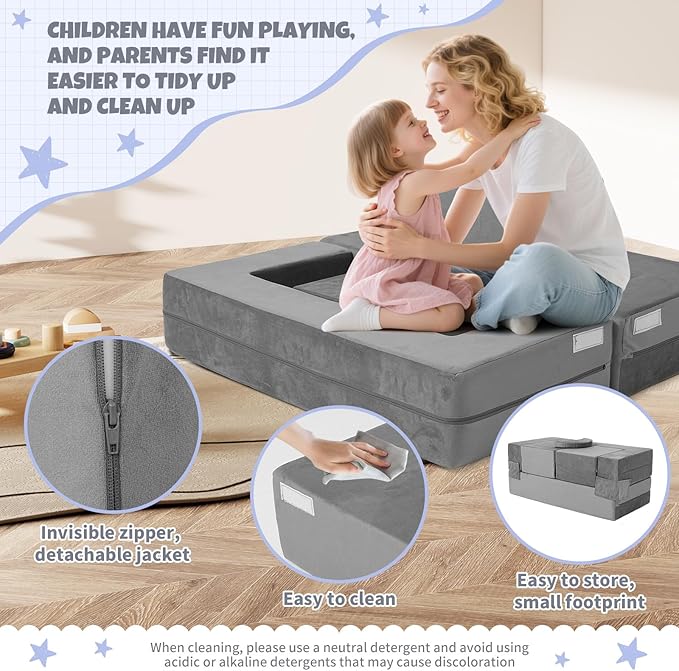 5 Pcs Modular Kids Play Couch, Toddler Couches That Fold Out, Plush Foam Chair for Children’s Playroom, Velvet Fabric Convertible Foam and Floor Cushion for Boys and Girls (Dark Gray,02)