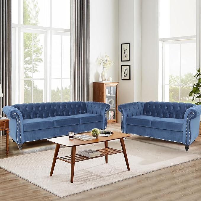 Velvet Sofa Couches Set, 3-Piece Mid Century Modern Upholstered Couch with Cushions, Home Sofa Sectional Furniture Sets, Comfy Tufted Chesterfield Couches for Living Room, Bedroom, Office