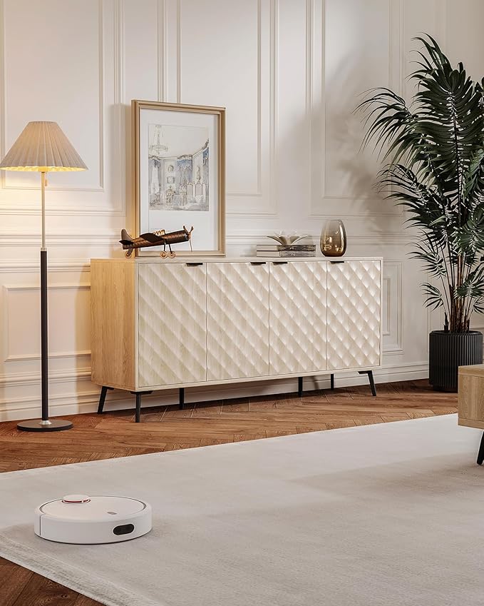 Mid-Century Modern Sideboard Cabinet, 63” Buffet with Storage, Diamond-Textured Credenza with 4 Doors, Multifunctional Accent Cabinet for Kitchen, Dining Room, Living Room (Natural Oak)