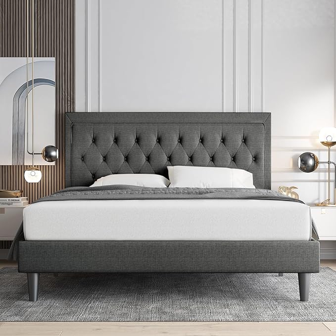 Allewie Full Size Button Tufted Platform/Fabric Upholstered Bed Frame with Adjustable Headboard/Wood Slat Support/Mattress Foundation/Dark Grey (Full)
