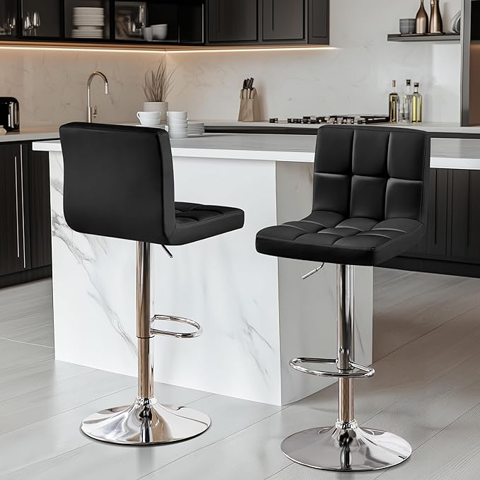 Yaheetech Bar Stools, Adjustable PU Leather Swivel Barstools, Modern Counter Stools with Back and Footrest, Counter Height Barstools for Bar, Kitchen, Dining Room, Black