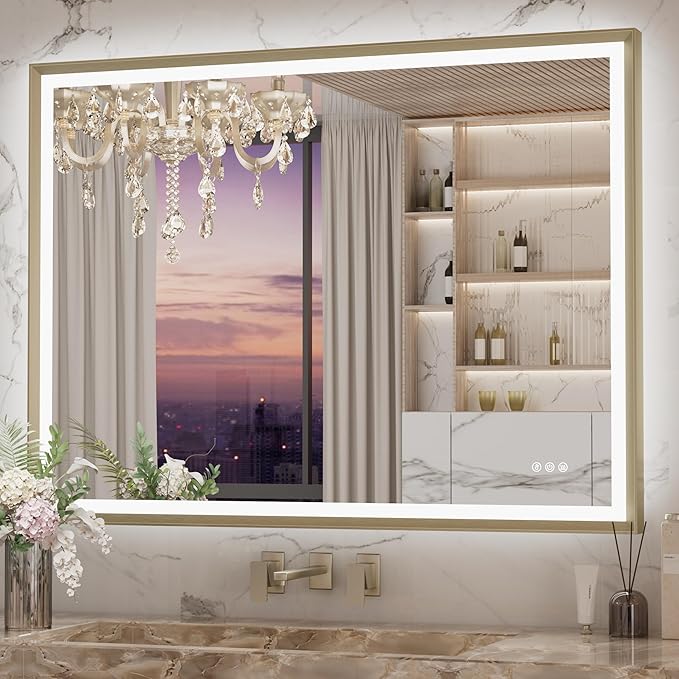 Keonjinn 48” x 36” LED Bathroom Mirror with Frontlit & Backlit, Gold Metal Framed Lighted Mirror with Stepless Dimmable 3-Color Temperatures, Anti Fog, UL-Listed Driver, No Dark Corner