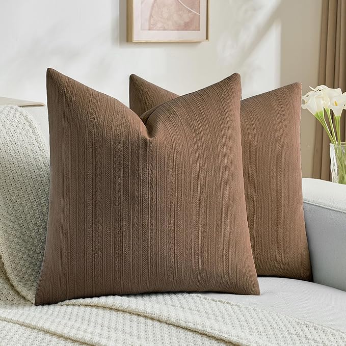 FUTEI Dark Brown Decorative Throw Pillow Covers 26x26 Inch Set of 2,Soft Cozy Wheat Ear Striped Patterns Euro Pillow Shams,Modern Home Decor for Couch Bed Living Room