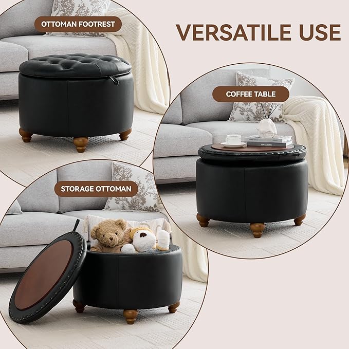 24Inch Round Storage Ottoman with Tray, Modern Tufted Leather Circle Coffee Table with Storage, Upholstered Ottoman with Removable Top for Living Room, Bedroom, Leather Black