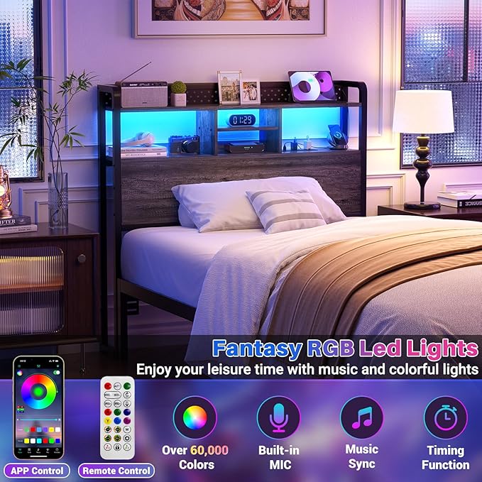 Unikito Headboard for Twin Size Bed with Storage Shelf, Head Board with 3 Outlets and 2 USB Ports, Headboards with RGB LED Light, Height Adjustable, Sturdy and Stable, Easy Assembly, Black Oak