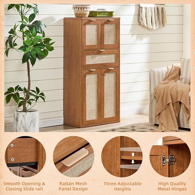 LEYAOYAO 48" Tall Storage Cabinet Set of 2,Rattan Bathroom Floor Cabinets with 4 Doors & 1Drawer,Boho Kitchen Pantry with Adjustable Shelves,Wooden Cupboard for Living Room,Home Office,Brown