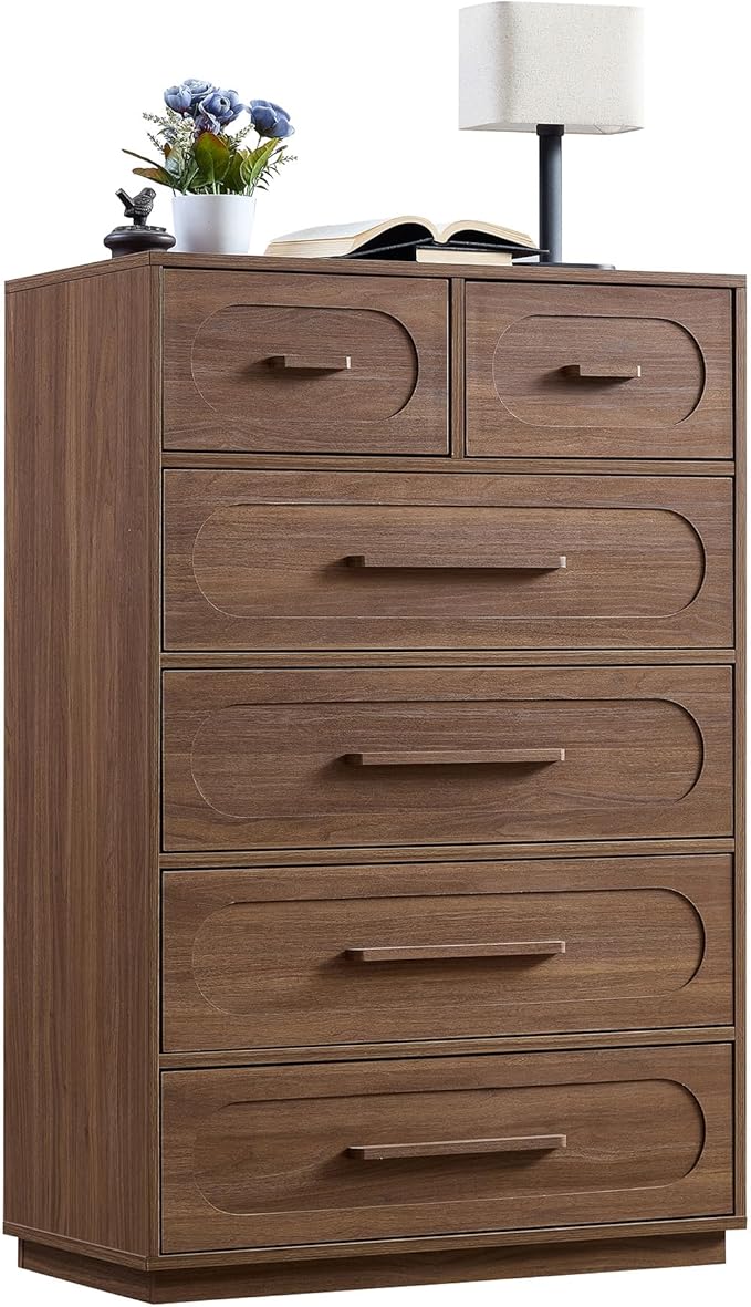 Walnut 6 Drawer Dresser for Bedroom, 44" Tall Dressers & Chest of Drawers w/Solid Wood Handle, Wood Mid Century Closet Organizers and Storage Cabinet for Bedroom, Living Room, Hallway, Walnut