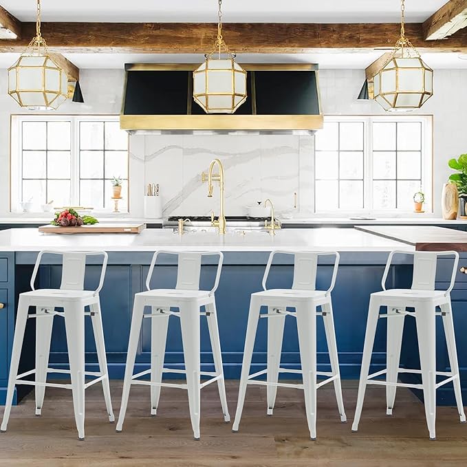 HAOBO Home Modern Industrial Metal Stool [Set of 4] for Indoor/Outdoor Dining Chair (26", Low Back White)